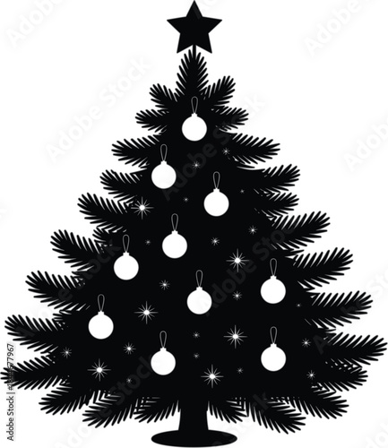 Black and white silhouette of a Christmas tree with star and baubles
