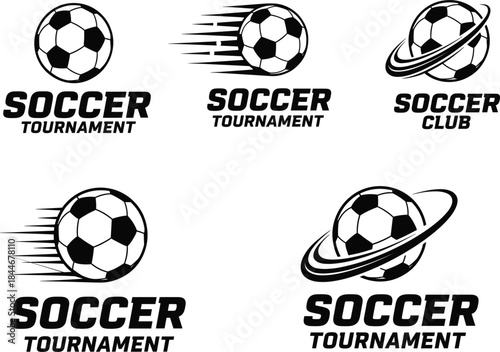 Set of Six Black and White Soccer Ball Logos with Motion Blur and Orbit Rings, Designed for Sports Clubs, Football Tournaments, and Athletic Team Branding.