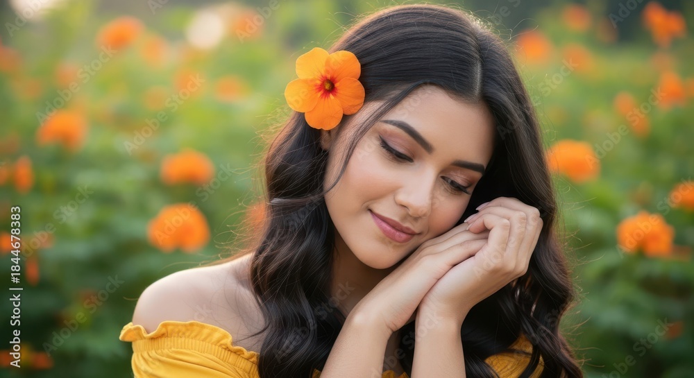 Naklejka premium Serene young woman with orange flower in hair smiling gently in a field
