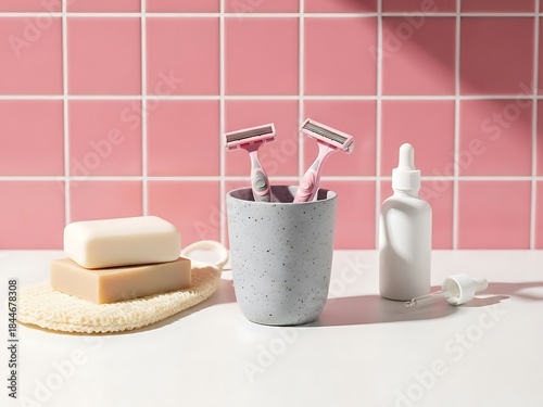 Personal care items on bathroom counter with pink tiles