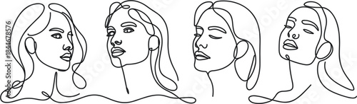 Minimalist Black and White Line of Four Female Profiles