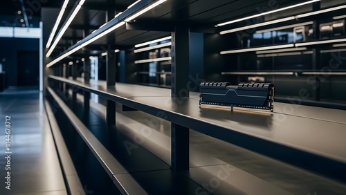 Single computer ram memory stick left on empty electronics store shelf during global chip shortage crisis and technology supply chain deficit.
