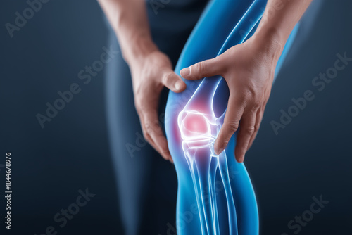 Painful knee joint inflammation highlighted by glowing x-ray anatomy overlay on human leg for medical healthcare orthopedics and injury treatment concepts