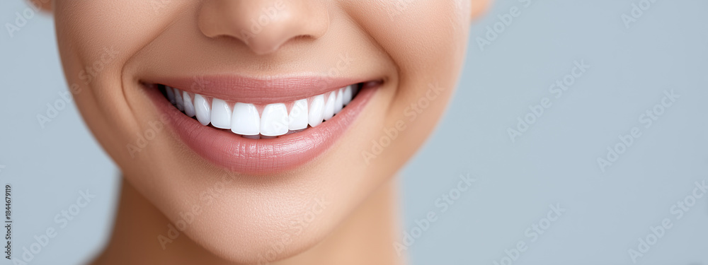 Fototapeta premium Radiant smile close-up with perfectly white teeth and soft natural lips on a clean light background, ideal for dental banners, whitening ads, clinic promotions and cosmetic branding 