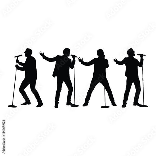 Silhouette of a band performing live on stage with microphones