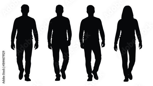 Four people walking forward displaying distinct profiles in a dark silhouette