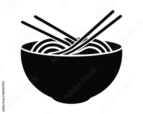 Black and white bowl of noodles with chopsticks illustration