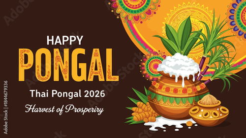 Happy pongal thai pongal 2026 harvest of prosperity traditional indian festival banner with rice pot sugarcane turmeric
