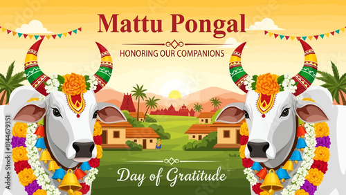 Mattu pongal honoring our companions day of gratitude indian festival banner with decorated bulls village background