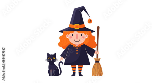 Whimsical Halloween witch with orange hair wearing a pointy hat and a dark dress stands beside a sleek black cat while holding a broom for a festive scene.