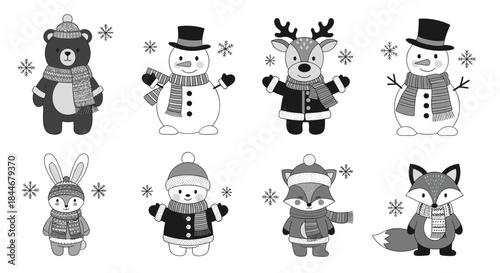 Whimsical black and white winter animals and snowmen stand together wearing scarves hats and mittens in a playful holiday scene.
