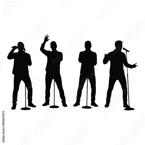Silhouette of a male musical group performing on stage with microphones