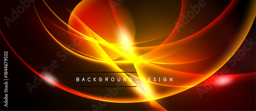 Abstract design features vibrant orange, yellow curves. Bright central glow dominates dark background. Modern, dynamic visual effect.