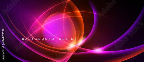 Abstract neon lines create dynamic curves, vibrant colors. Background features purple, orange hues, modern design elements.