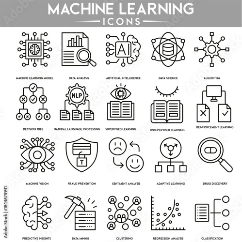 Machine learning icon set for artificial intelligence and data science projects,