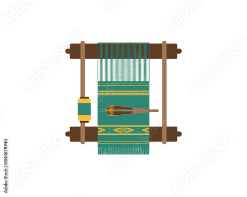 Illustration of a traditional loom with green and yellow threads