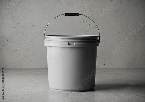 A large white plastic bucket with a metal handle stands against a concrete background. 5 gallon pail