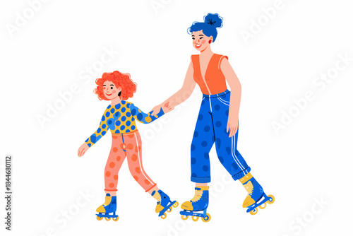 A mother and daughter cheerfully roller skating together holding hands
