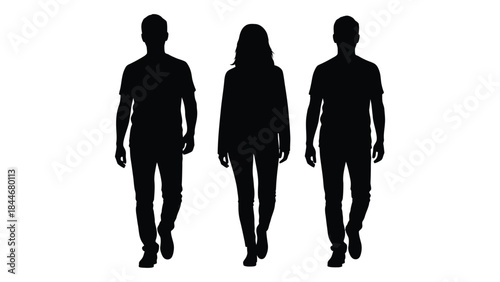 Three figures walking forward rendered as a striking black shape against a white background silhouette