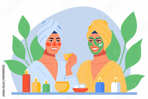 Two women enjoying a relaxing self care routine with face masks and robes