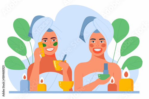 Two smiling women enjoying a relaxing spa day with face masks and drinks