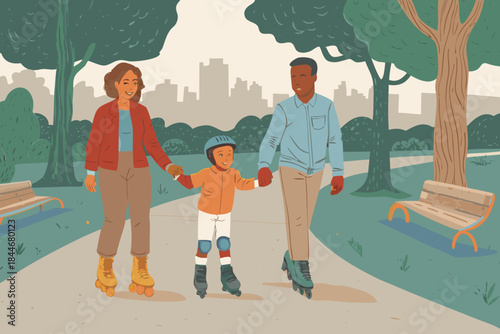 A happy family enjoys roller skating together on a path in the park