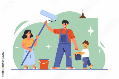 Family painting a room together home improvement and cheerful domestic scene