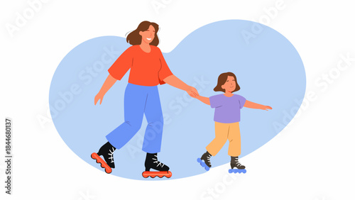 A mother and daughter joyfully roller skating together in a heartwarming scene