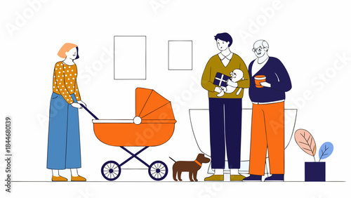 A family gathering with multiple generations and a small dog indoors