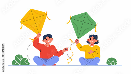 Children joyfully flying colorful kites together on a bright sunny day