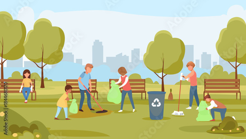 People volunteering to clean up a park with a city skyline backdrop