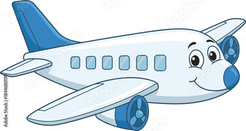 Cartoon airplane, smiling face, anthropomorphic jet, aviation character, friendly aircraft, kids illustration, vector art, flat design, playful transport