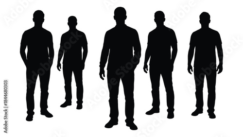 A group of six men standing together captured in a stark black silhouette