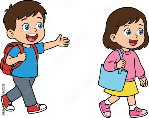 Cartoon children walking together, cheerful expressions, school outing vibe, colorful outfits, friendly gesture, happy moment, flat vector illustration