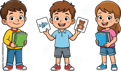 Cartoon children, educational props, holding books and cards, cheerful expressions, school theme, vector art, flat illustration, learning activity, classroom