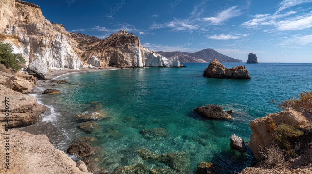 Fototapeta premium A beautiful beach with a clear blue ocean and a rocky shoreline. The water is calm and the sky is clear