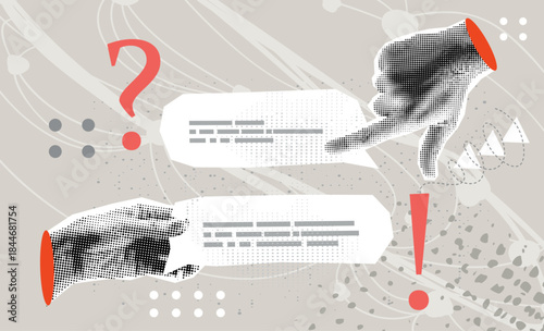Trendy Halftone Collage Two Hands having social media speech bubble messages. Discussion and communication. Abstract dialogue. Online conversation. Vector contemporary art	
