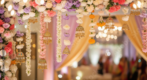 Beautiful floral arrangement with hanging gold ornaments, perfect for Indian wedding invitations and event planning.