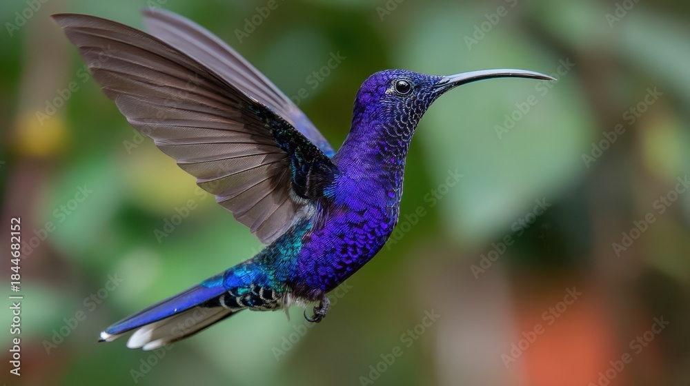 Naklejka premium A blue hummingbird is flying through the air. The bird is small and has a long, thin beak. Concept of freedom and grace as the bird soars through the sky