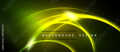 Bright yellow neon lines curve over dark green background. Central glow creates dynamic visual effect. Text reads background design.