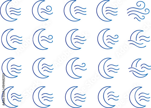 Set of blue crescent moon and wind icons, illustrating weather conditions and celestial body imagery for digital and graphic design applications