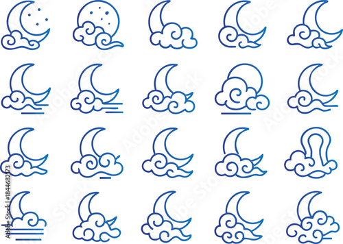 Collection of elegant line art crescent moon and stylized cloud vector icons, ideal for celestial, night sky, dream, sleep, and weather graphic designs