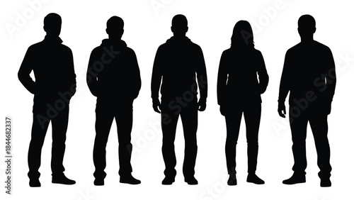 A row of five people standing depicted as dark shapes against a bright background silhouette