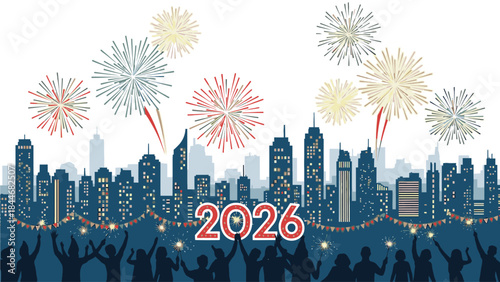 Illustration of a vibrant city skyline celebrating happy new year 2026 with fireworks and a joyful crowd in a colorful and festive atmosphere.