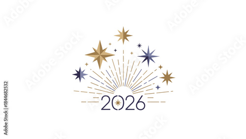 Graphic design of a starry night sky with the year 2026 and colorful stars in shades of gold, blue, and purple on a white background, conveying a happy new year 2026 theme.