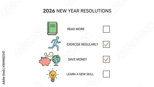 A checklist of 2026 New Year resolutions with icons on a white background, including read more, exercise regularly, save money, and learn a new skill, conveying a productive mood.