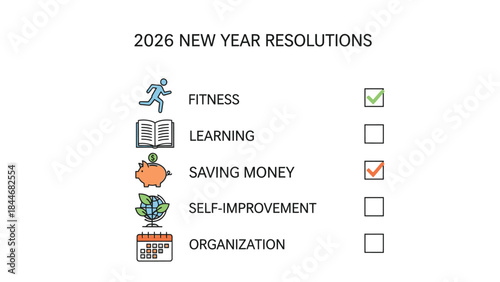 A person marks fitness and self-improvement as checked New Year resolutions for 2026 in a simple checklist with icons on a white background.