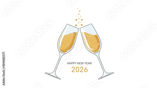 Illustration of two champagne glasses clinking with golden liquid and confetti, celebrating Happy New Year 2026 on a clean white background with a festive mood.