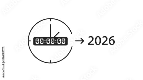 Minimalist graphic illustration of a clock striking midnight transitioning to happy new year 2026 with a simple, bold design on a clean white background.