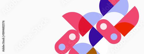 Abstract shapes overlap, creating vibrant composition. Pink, purple, blue hues dominate white background. Modern design element.